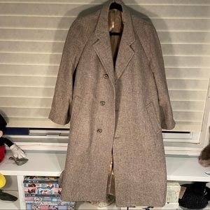 Heavy oversized herringbone patterned single breasted long coat